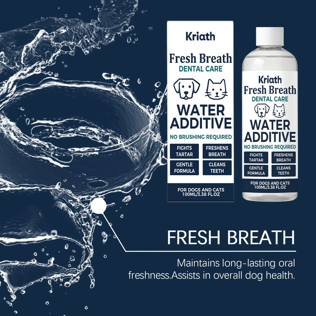 100ml Dog Cat Bad Breath Treatment Dental Water Additive Plaque Tartar Control No Brushing Teeth Cleaner Pet Oral Hygiene Solution Mouthwash Freshener for Puppy Kitten Daily Care Remover Natural Safe Effective Easy to Use Dro
