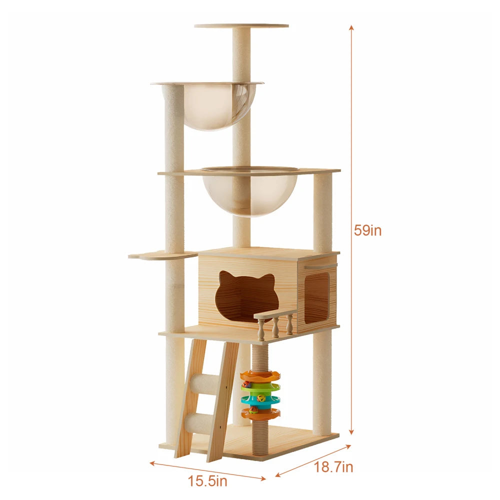 59-Inch Modern Wood Cat Tree & Tower