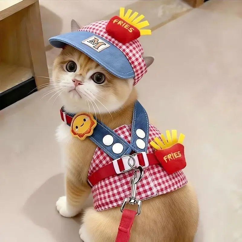 Cute Pet Collars Dog Cat Hat Spring/Summer Outing Sunshade Hat Cute Chest Strap Vest Dog Harness and Leash Set Puppy Accessories