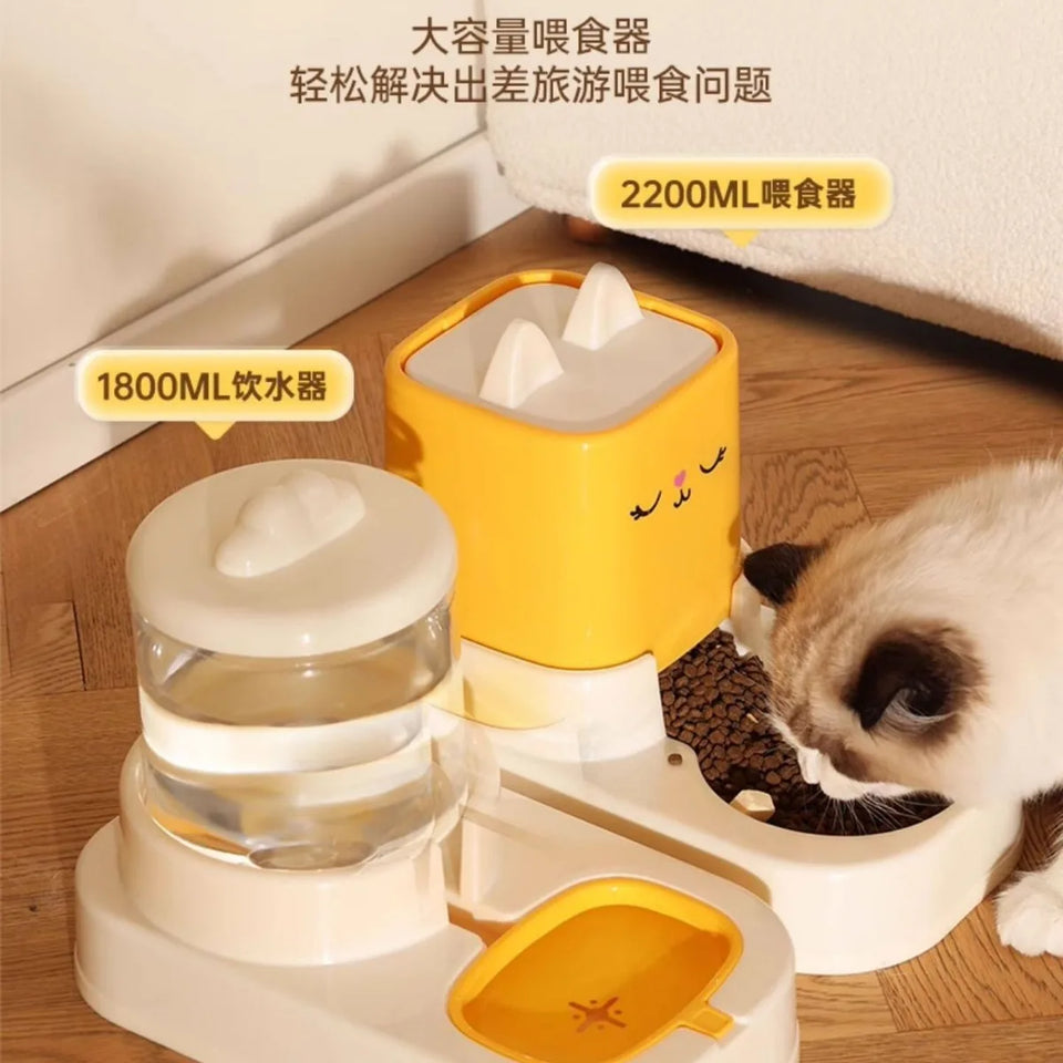 Cat water fountain, automatic feeder, flowing design, battery‑powered, wireless feeding and drinking, keeps pets’ faces dry—pet