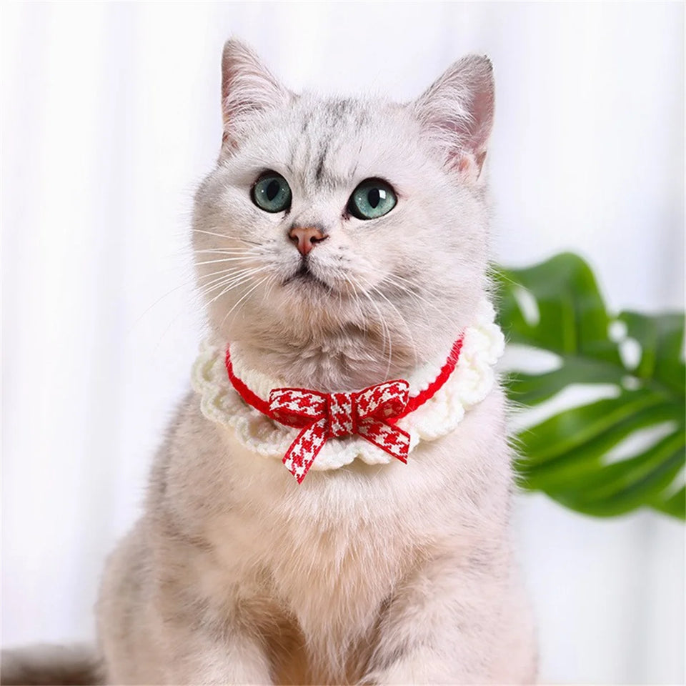 Hand-Knitted Bow Collar for Cats & Dogs