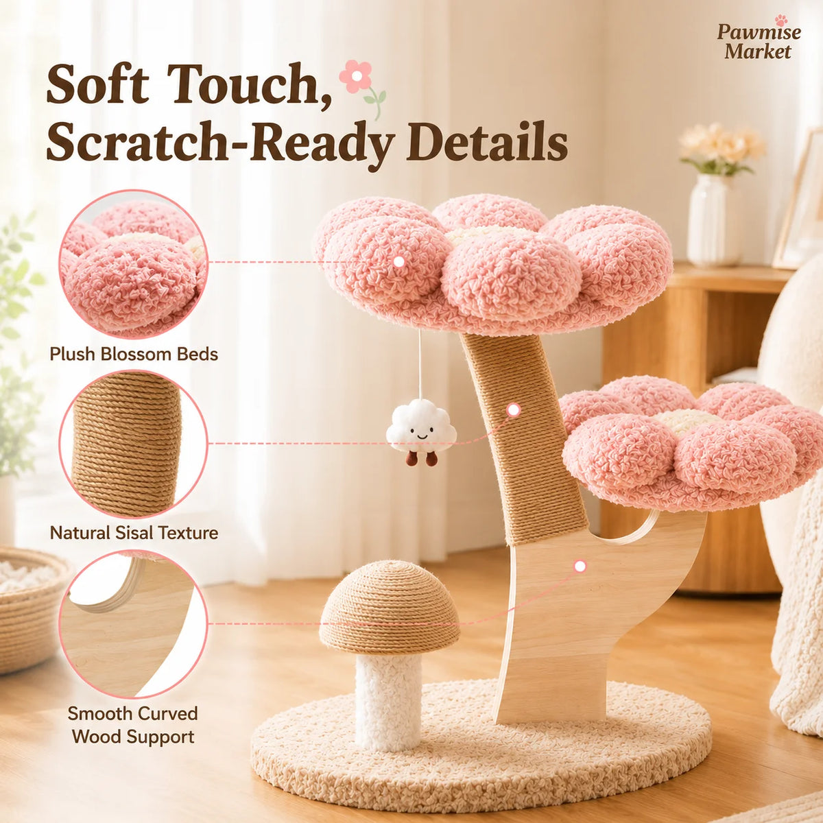Pink Flower Cat Tree with Scratching Post