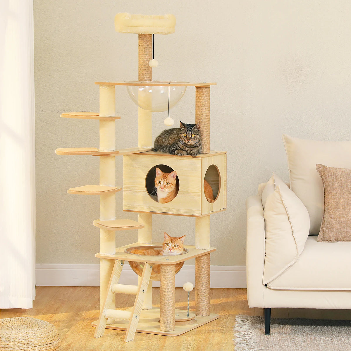 Multi-Level Wood Cat Tree with Condo & Hammock