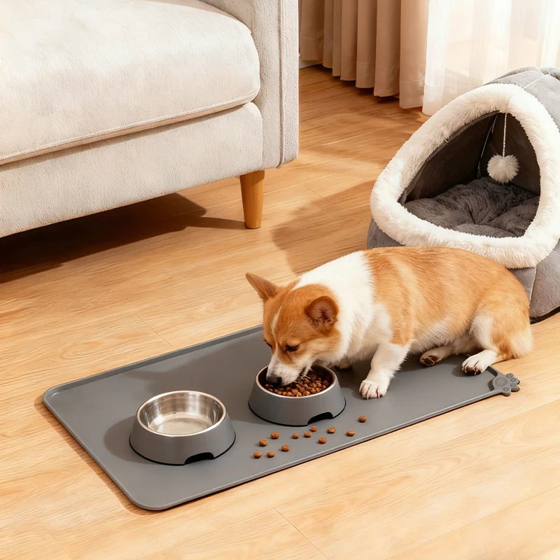 Pet Food & Water Bowl Mat, Durable Silicone Feeding Pad for Indoor/Outdoor Use, Anti-Skid, Washable, Fits Large Breed Dogs & Cats