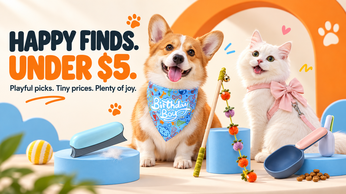Happy dog and cat with colorful pet finds under $5