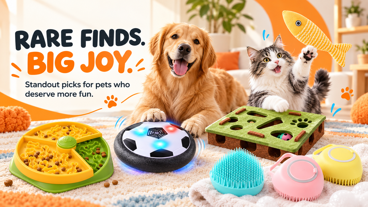 Happy dog and cat with standout playful pet products