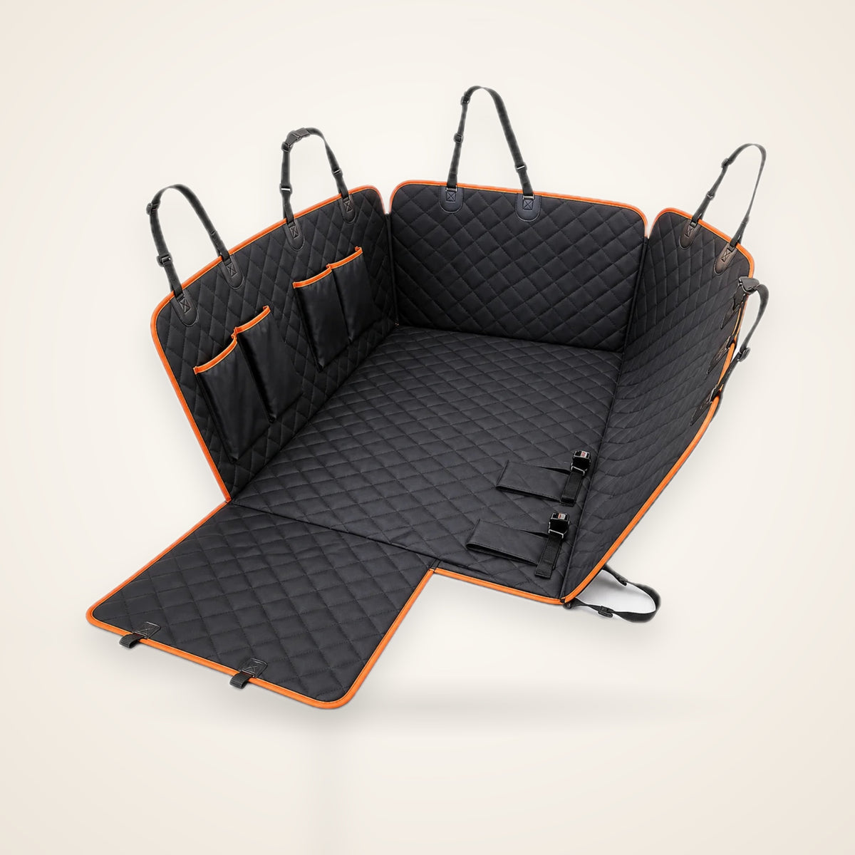 Quilted Dog Car Seat Cover with Storage – studio photo