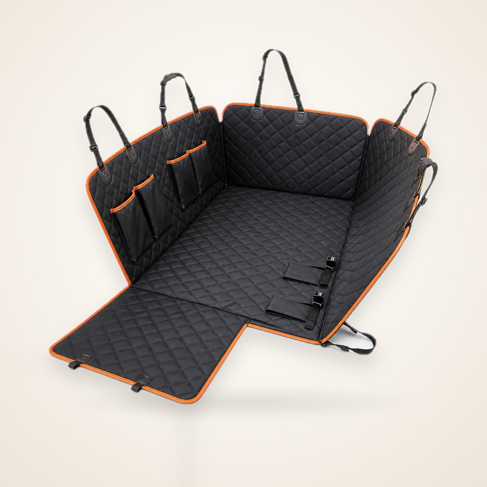 Quilted Dog Car Seat Cover with Storage – studio photo