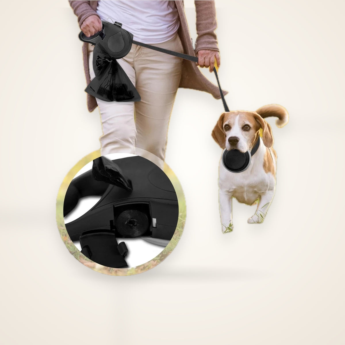 Multifunction Dog Leash with Water Bottle & Bowl – studio photo